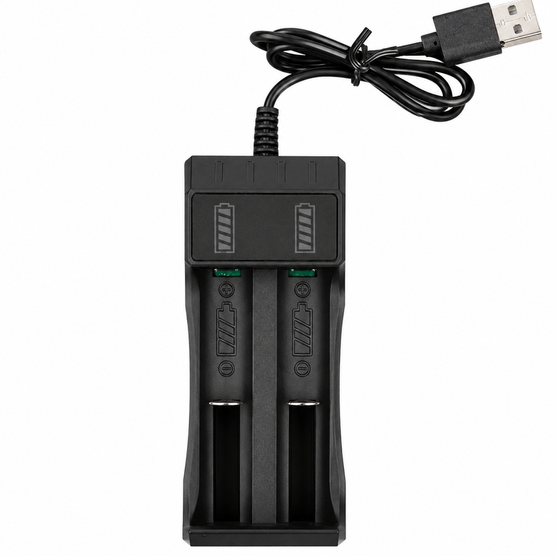 2-Slot 18650 Li-ion Battery Charger with Integrated USB Cable for Rechargeable Lithium Batteries
